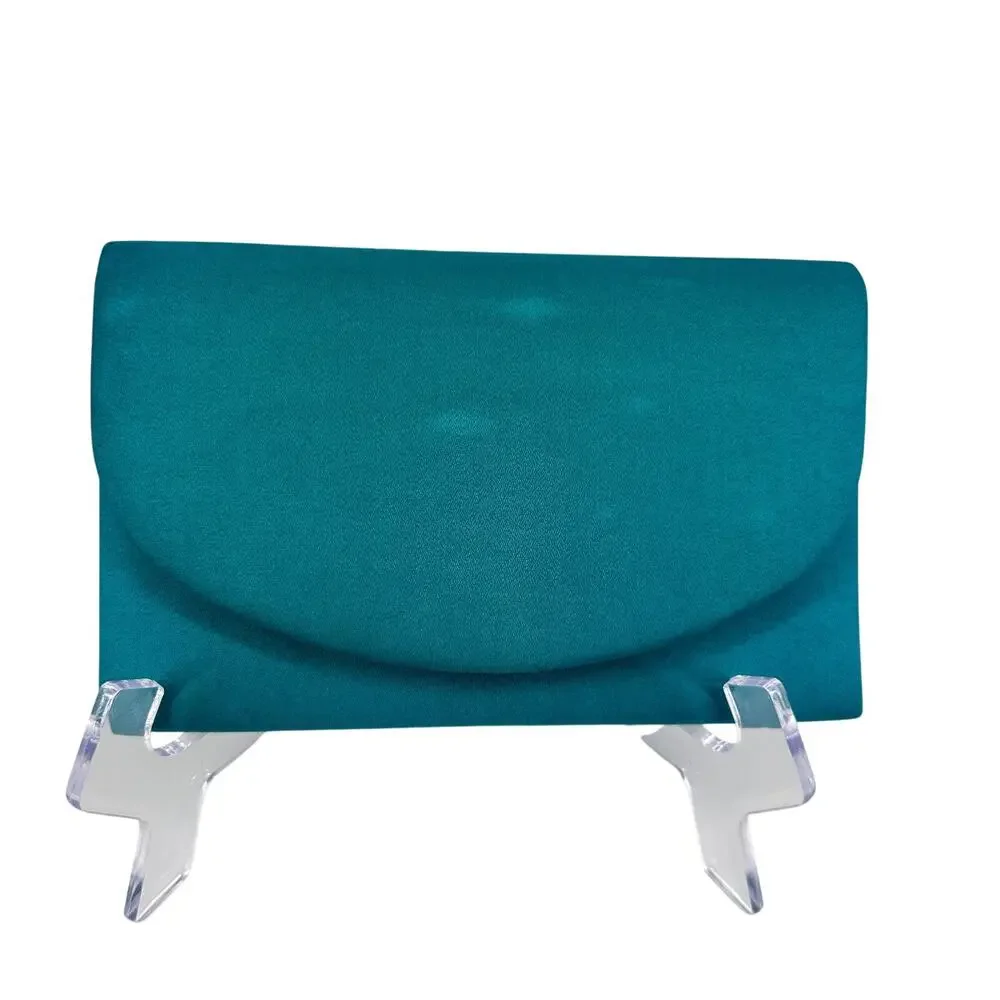 Vintage Dyeables Teal Satin Clutch Purse with Silver Chain Strap 10x5